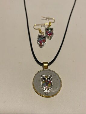 Multicolor Owl Pendant Necklace and Matching Earrings - Women's Jewelry